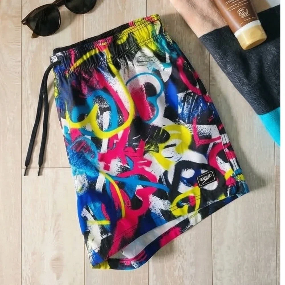 Speedo Mens‎ XL Volley Swim Trunks Purple Abstract Graffiti 4-Way Stretch NWT